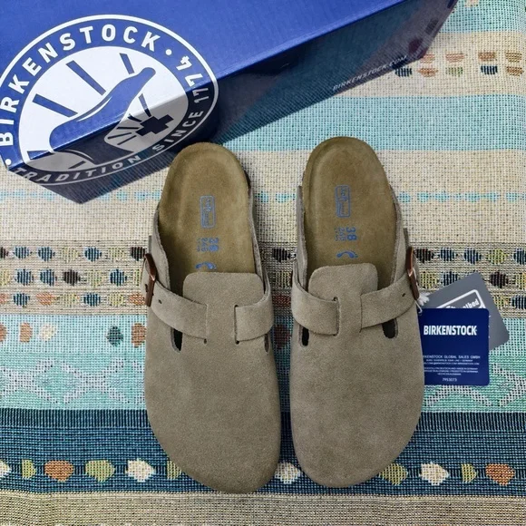 Birkenstock Taupe Boston Suede Shoes | Women's Narrow Fit - Picture 1 of 6